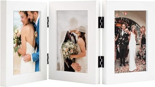Golden State Art, 4x6 Three Picture Frame Trifold Hinged Photo Frame with 3 Openings, Desk Top Family Picture Collage, with Real Glass (4x6 Triple, White, 1-Pack)