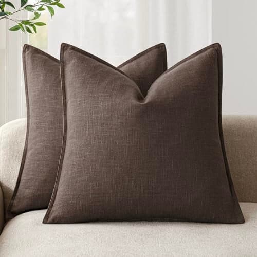 Foindtower Pack of 2 Decorative Linen Soild Throw Pillow Covers Soft Accent Cushion Case Boho Farmhouse Neutral Pillowcase for Couch Sofa Bedroom Living Room Home Decor 26 x 26 Inch Reddish Brown