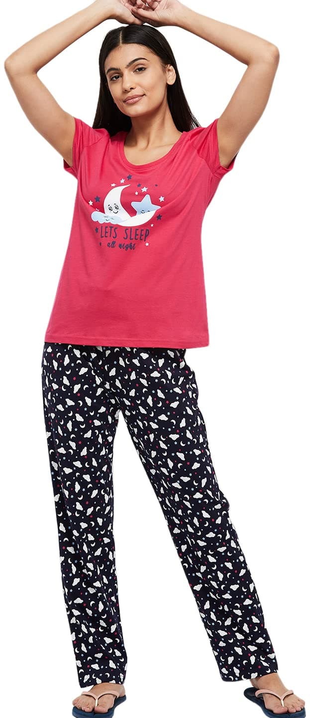 Max Women Cotton Printed Regular Fit T-Shirt and Pyjamas (SU22TS02FUCHSIA)_S