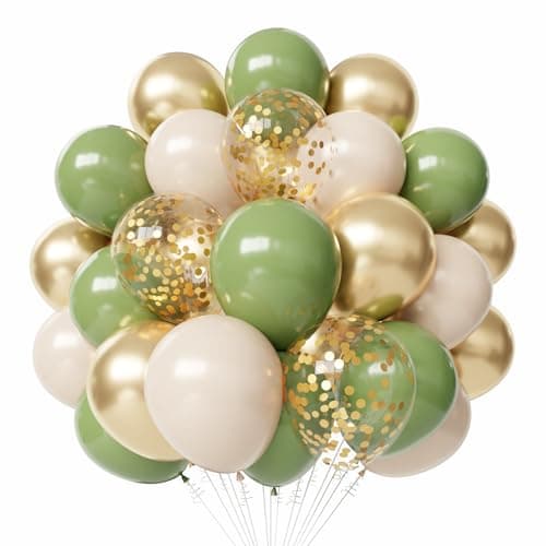 Sage Green Gold Latex Balloons 50pcs 12 Inches Sage green Sand White Metallic Gold Confetti Balloons with 1 Ribbon for Baby Shower Wedding Birthday Party Decorations