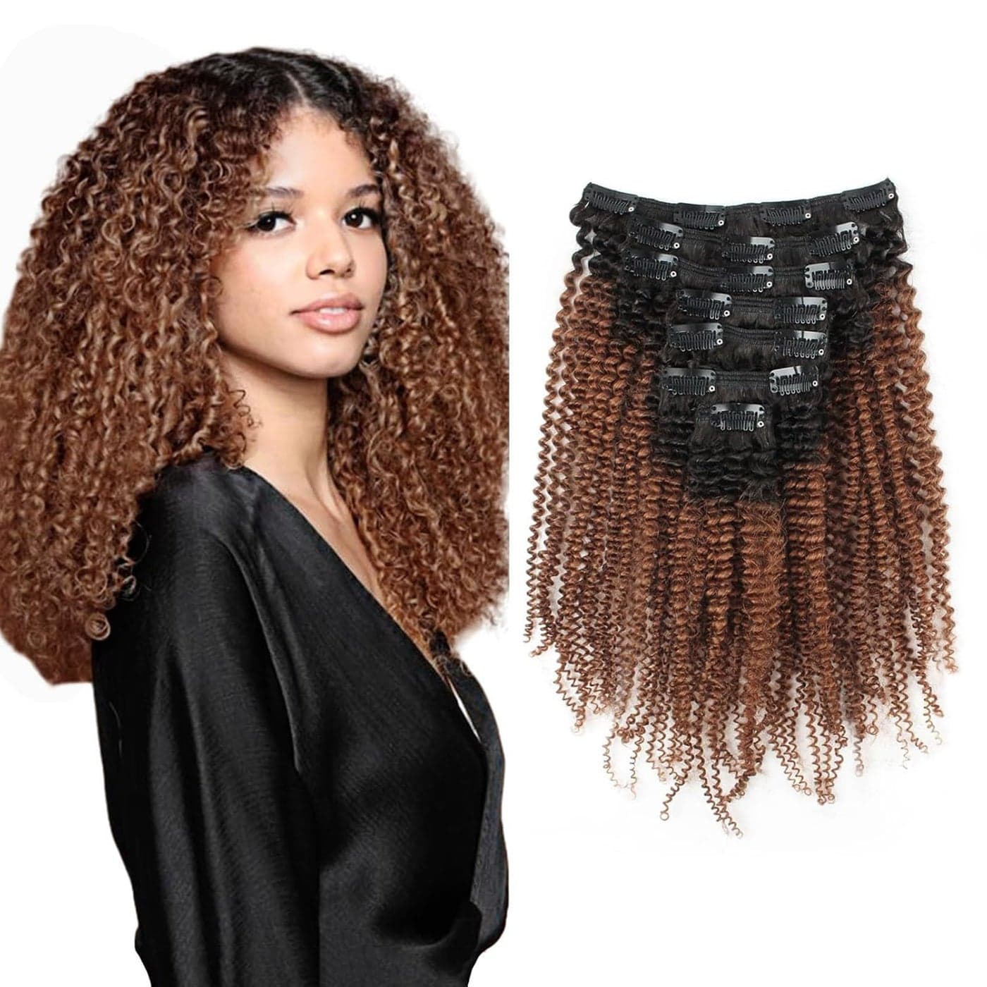 Sassina Virgin Brazilian Human Hair Afro Curly Clip In Extensions Real Thick Ombre Color Natural Black Fading to Ginger 120 Grams 7 Pieces Per Bundle With 17 Clips AC TN30 16 Inch