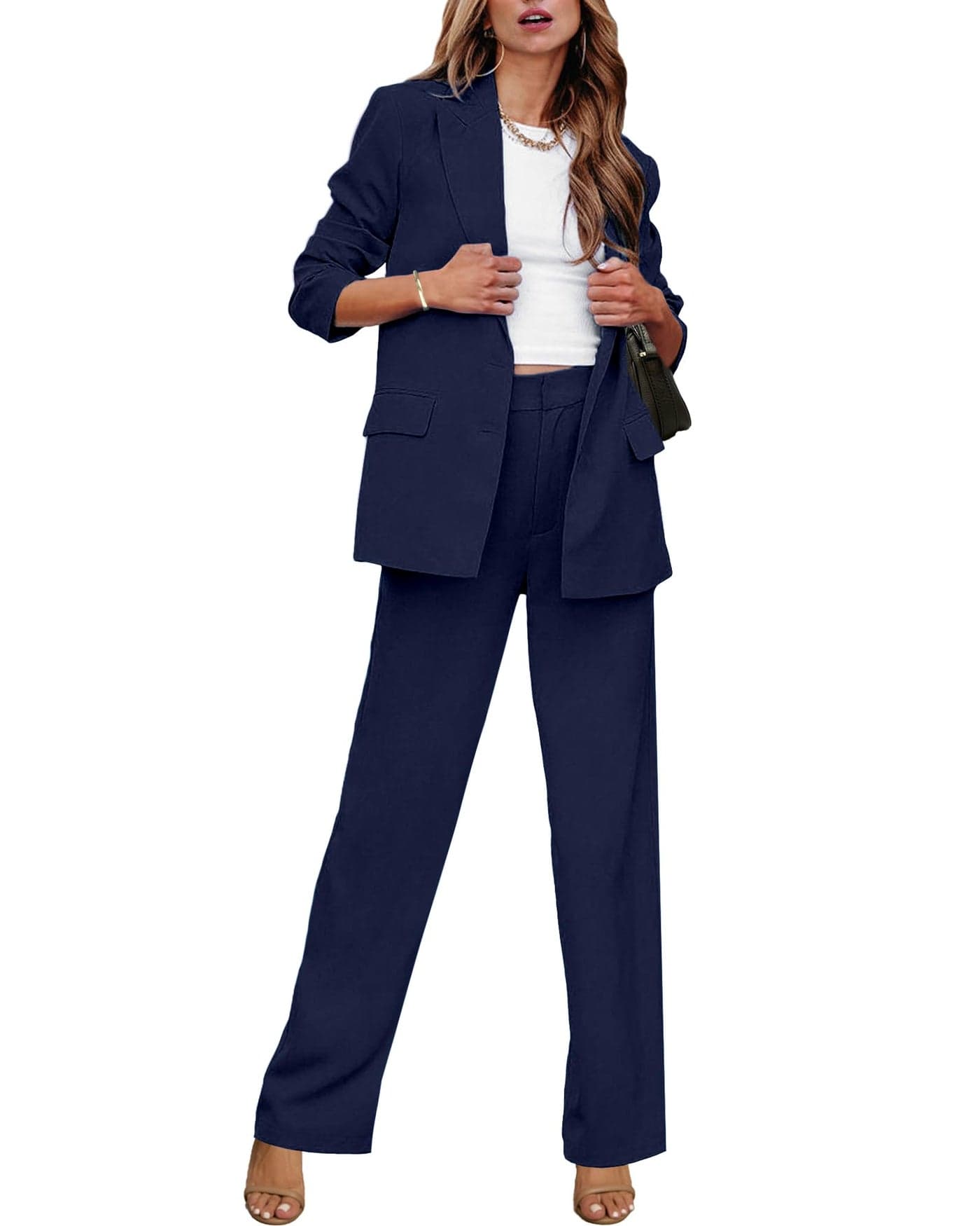 luvamia 2 Piece Outfits for Women Dressy Blazer Jackets High Waisted Straight Leg Pants Suits Set Business Casual Office Two Piece Sets for Women Womens Suit Set Fall Womens Clothes Navy Blue Size 18