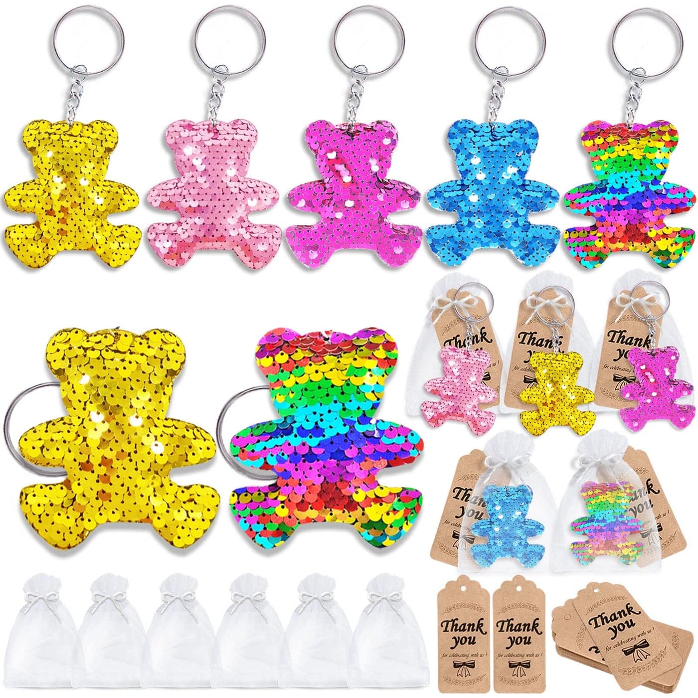 CiciBear 60 Pack Stuffed Bear Sequin Keychains Set with Bear Keychains Thank You Tags and Gift Bags for Party Favors Kids and Adults Birthday Gift Baby Shower School Carnival Rewards