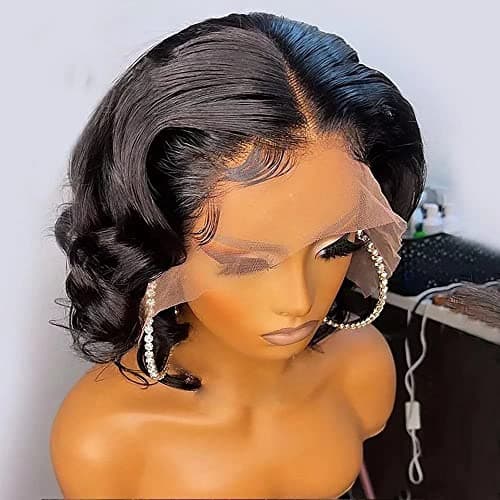 13x6 Deep Part Wave Bob Wig - HD Transparent Lace Front Human Hair Wig, Pre Plucked Brazilian Remy, 150% Density, 10Inch, Wavy, Black, Natural Color, Bleached Knots