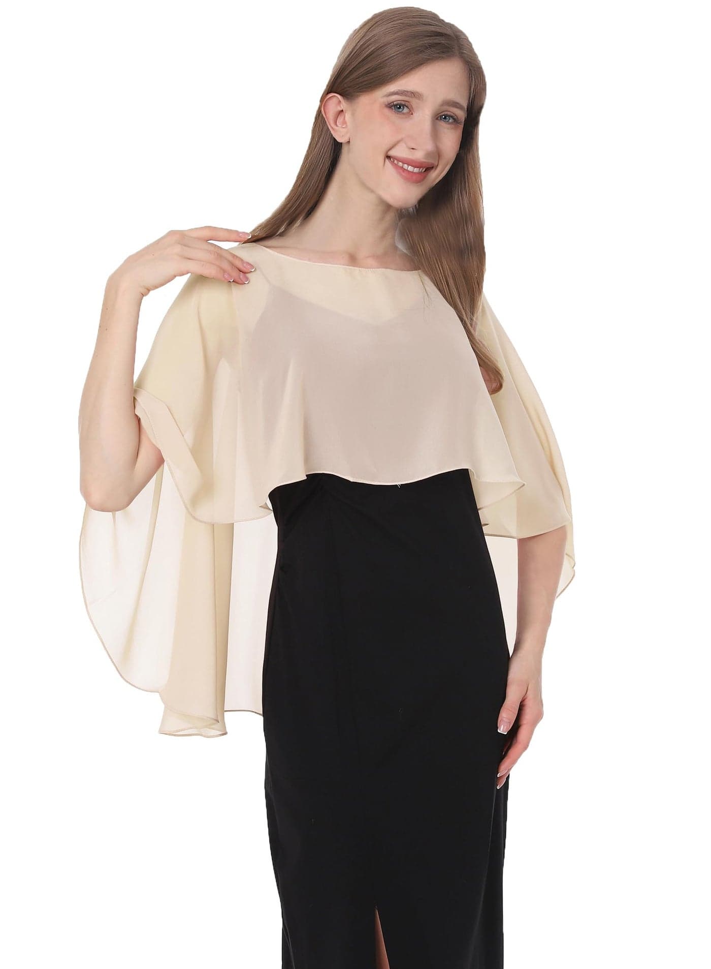 Baoqiya Women's Capelet Shawls and Wraps for Evening Dresses Soft Bridesmaid Shawl Chiffon Cape Wedding Cover Up (Champagne)