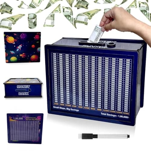 PLUSPOINT Wooden Money Saving Box for Adults & Kids | Rs 100000 Piggy Bank with Savings Tracker | Smart Coin Bank, Gullak for Home & Office | Ideal Gift for Men & Women (Space Design)
