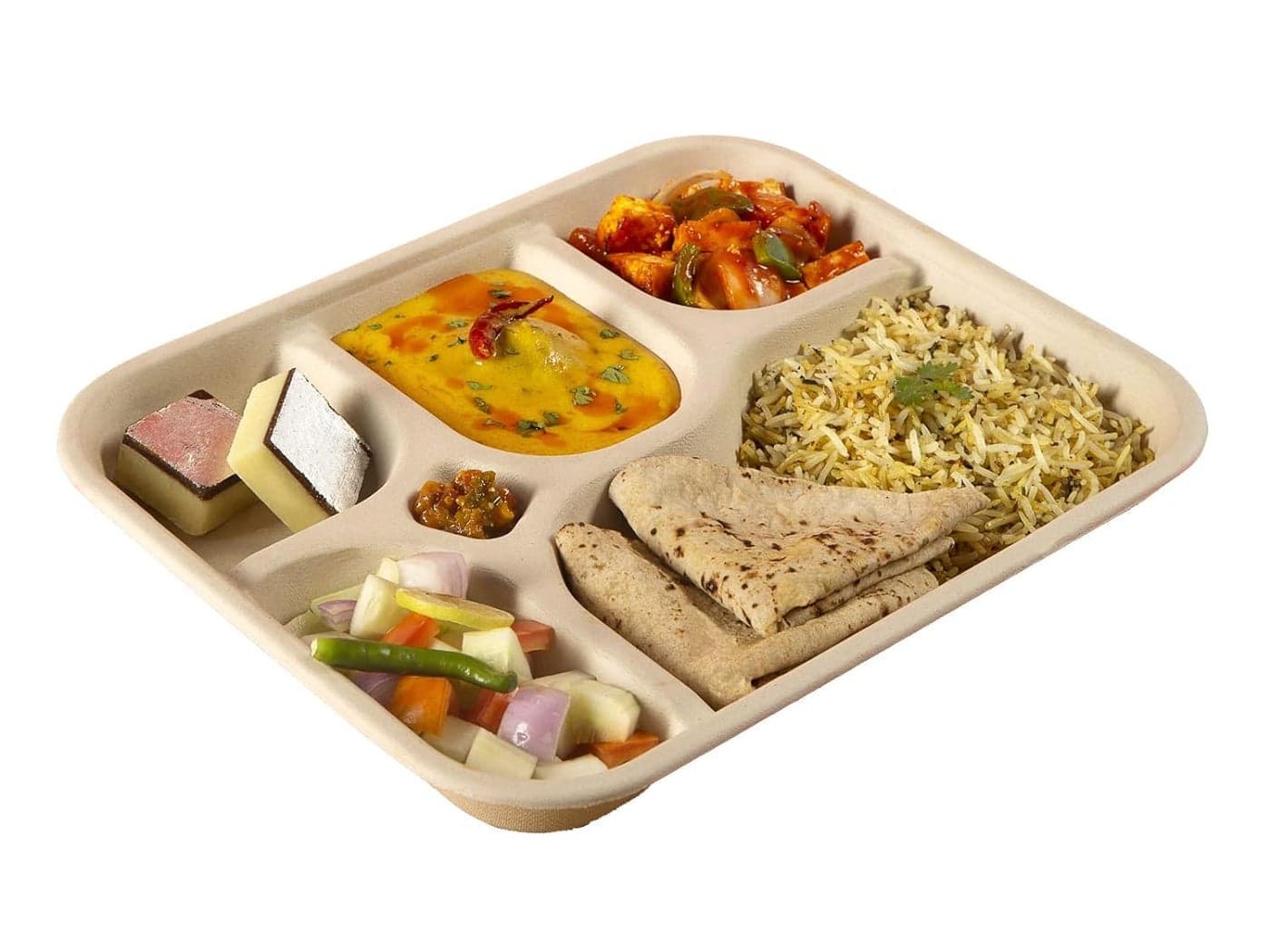 SANWALSA [5-Compartment, 25 Count, Beige Disposable Bagasse Plates | Eco-Friendly Sugarcane Meal Tray for Wedding, Party, Picnic, Event | Mess-Free Sections