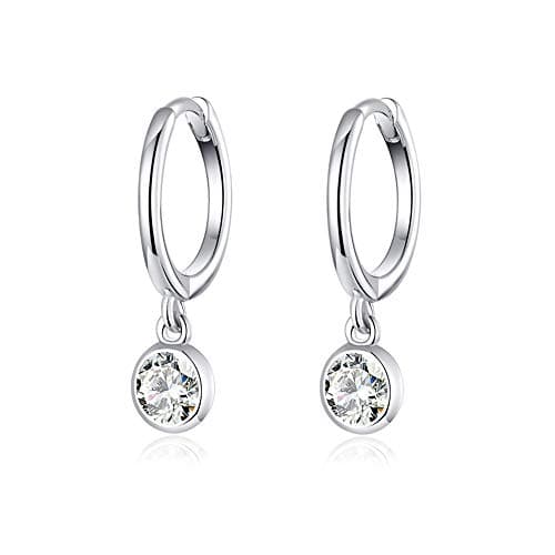 CZ Bezel Dangle Hoop Earrings for Women Girls 925 Sterling Silver Charms Minimalist Tiny Round Cubic Zirconia Drop Dangling Cartilage Helix Tragus Diamond Solicate Hypoallergenic Jewelry (Silver-Toned)