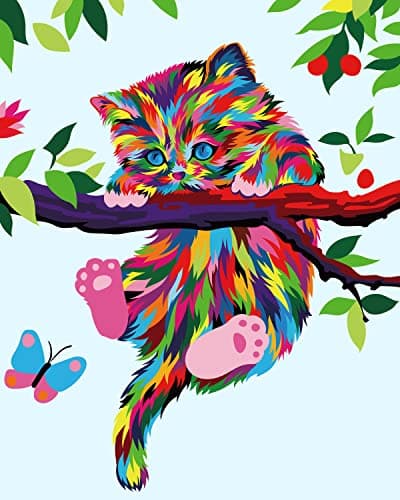 Elftoyer Paint by Numbers for Kids Beginner DIY Canvas Painting Gift Kits Colorful Cats and Butterflies 16 x 20 inch Without Framed