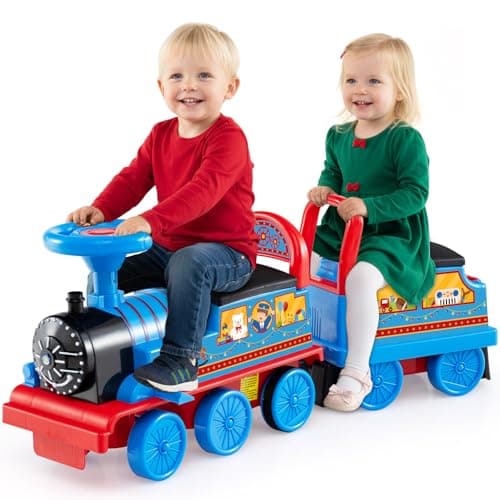 OLAKIDS 6V 2Seater Ride on Train with Carriage Storage Train Whistle Music Lights for 18 Months 2 Seaters Circus