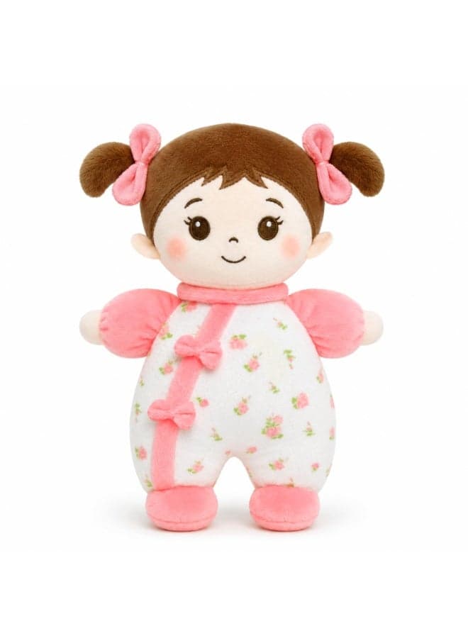 Soft Baby Doll, 10.2" Plush Rag Dolls for 1 Year Old Girl Birthday Gift, First Baby Dolls Toys for Infant Toddler Kids Brown Hair