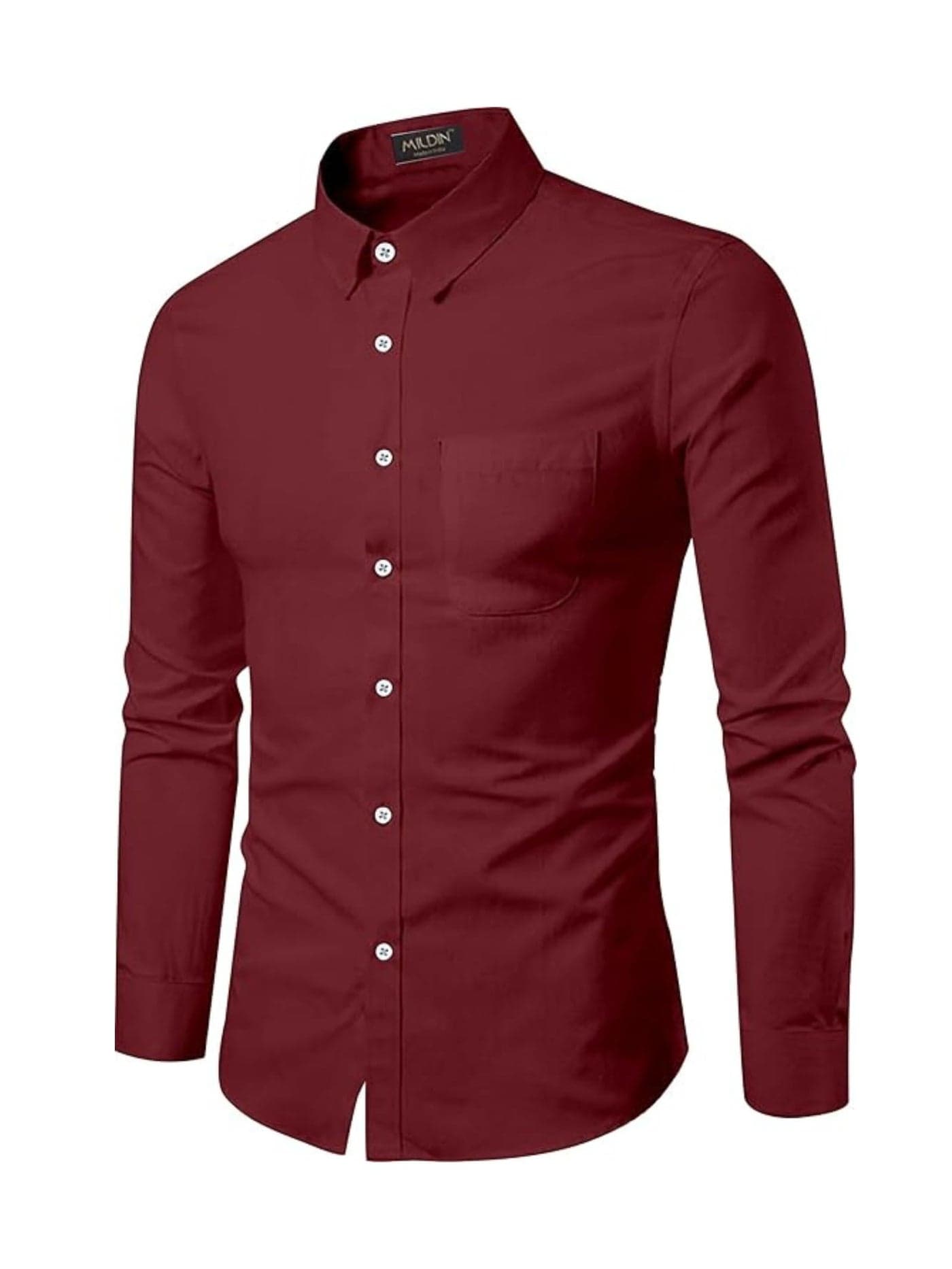 MILDIN Men's Cotton Blend Solid Shirt with Spread Collared Full Sleeve Curved Hemline Button Closure Slim Fit and One Pocket | Shirt for Man Full Sleeve | Formal Maroon - 36