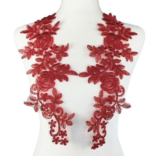Carytalee 1Pair 3D Lace Flower Patches Fabric Sew on Embroidered Lace Ribbon Applique Trim Wedding Dress Applique Clothing DIY Sewing Craft Decoration Supplies Red145 x 43 Inch