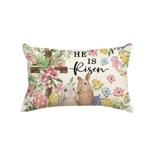 AVOIN colorlife He is Risen Easter Throw Pillow Cover 12 x 20 Inch Bunnies Flowers Cross Cushion Case Decoration for Sofa Couch