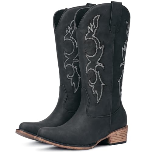 Choiran Black Cowboy Boots for Women - Embroidered Cowgirl Carter Outfits Boot Western Mid Calf Cowboy Carter Fashion Chunky Heel Pointed Toe Country Boots 8