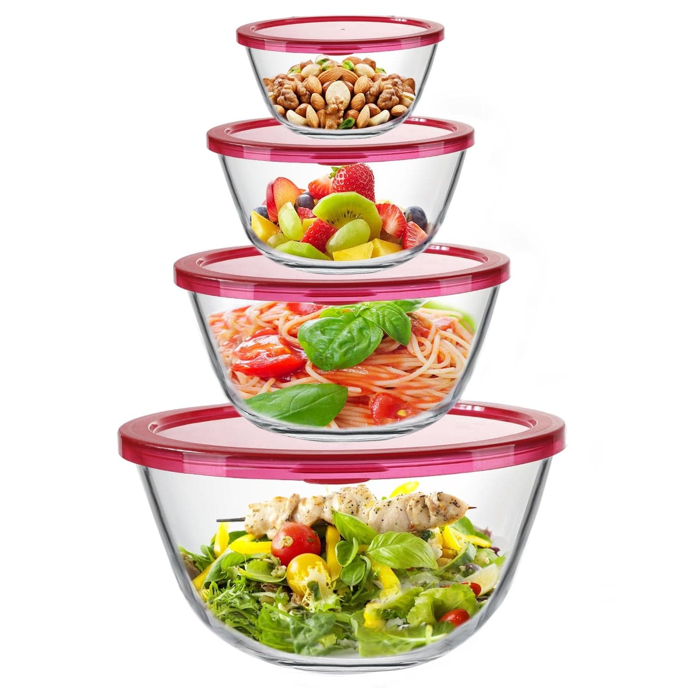 KOMUEE Glass Mixing Bowls with Lids Set 4Piece Nesting Kitchen Bowls for Salad Serving and Baking Oven Safe Glass Bowl