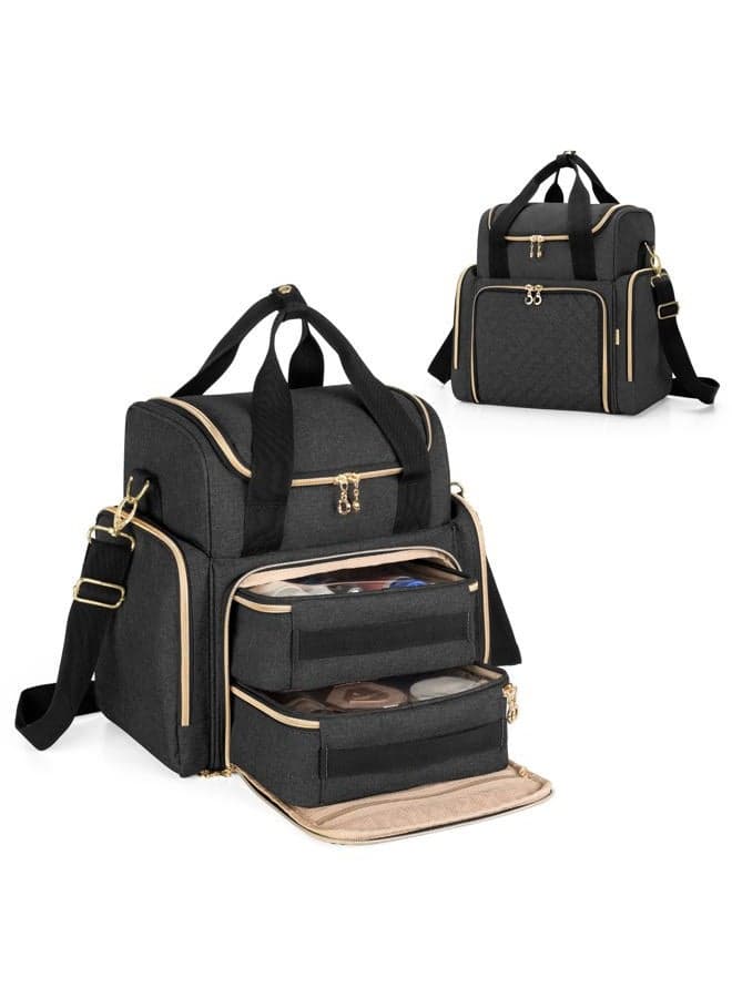 Travel Makeup Bag with 2 Removable Cases, Cosmetic Bag with Multiple Storage Sections (Patent Pending), Black