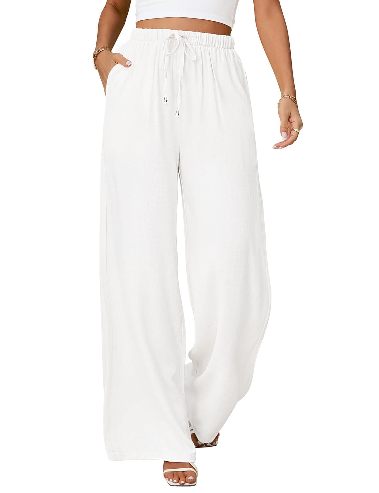 UMIPUBO Womens Linen Pants High Waisted Wide Leg Trousers Summer Palazzo Casual Pant Flowy Drawstring Beach Pants(White,S)
