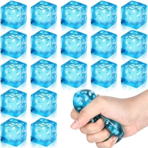 Soulchen 20 Pcs Stress Balls Ice Cube with Snowflakes Inside 14 Inch Squishy Sensory Squeeze Fidget Funny Calming Balls Stress Relief Cubes for Adults Christmas Party Favors Birthday Gift