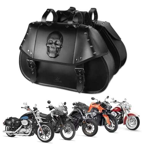Quixofiber Motorcycle Saddlebags 34L Large Capacity PU Leather Side Saddle Bags Waterproof Universal for Harley Honda Yamaha Kawasaki (3D Skull,Black)