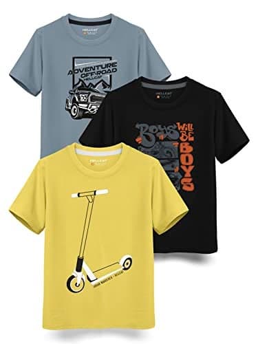 HELLCAT Boys Cotton Blend Comfort Fit Trendy Typographic Printed Half Sleeve T-Shirt for - Pack of 3 / Toddler Yellow & Black & Bluish Grey / 9-10 Years
