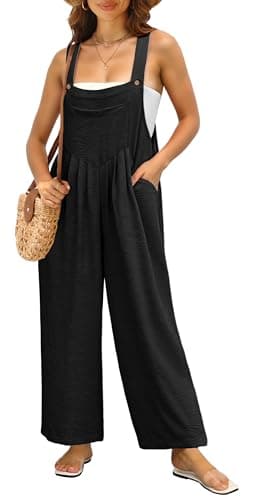 IWOLLENCE Women's Summer Jumpsuits Boho Wide Leg Overalls Casual Loose Rompers with Pockets 2024 Black Small