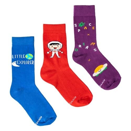 THELA GAADI Space Explorer Pure Cotton Socks for Kids - Printed Funky Unisex Crew Length, Odour Free, Breathable - Pack of 3, Multicolour