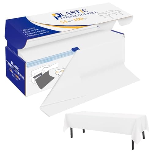YSYJ Plastic Table Cover Roll White Disposable Table Cloth 54 in x 100 Ft, Plastic Table Cloths with Slide Cutter Table Cover for Parties