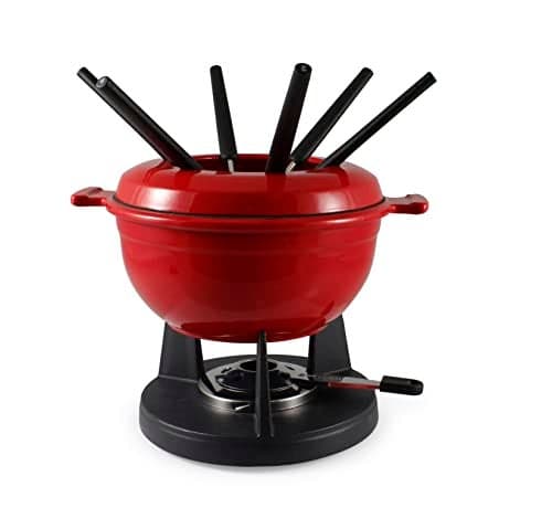 Swissmar Lucerne 10-Piece Cast Iron Fondue Set - Ideal for Melting Cheese, Chocolate, & More - Perfect for Kitchen Collection & Wedding Gift Giving - 2 Liter / 2 Quart - Red