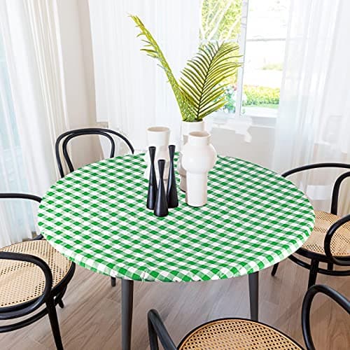 Sorfey Round Tablecloth Fitted with Elastic Vinyl with Flannel Back Fits for Table 60 Inches RoundWater Proof Easy to Clean Checked Green Design