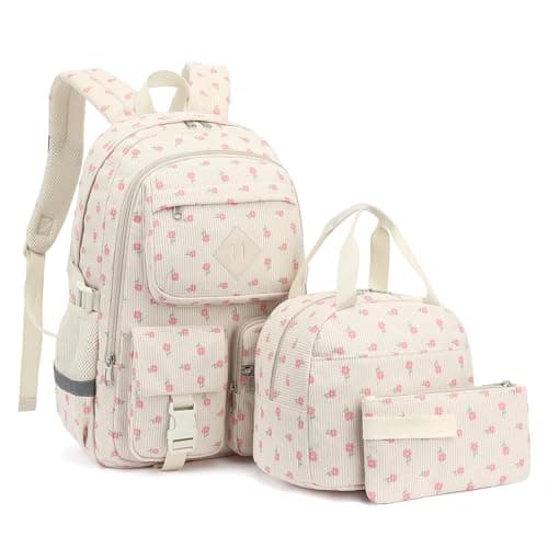 Xunteny Corduroy School Backpack for Girls Boys Kids Teens School Bookbags Schoolbag Set with Lunch Box Pencil Bag Corduroy Pink Flower