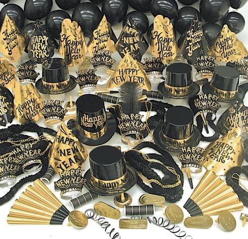 Crown Display New Years Eve Party Supplies 352 Pieces Black And Gold Top Hats Tiaras Bead Necklace Noise Makers 2026 New Years Decorations Happy New Year Decorations 2026 Bulk Party Favors