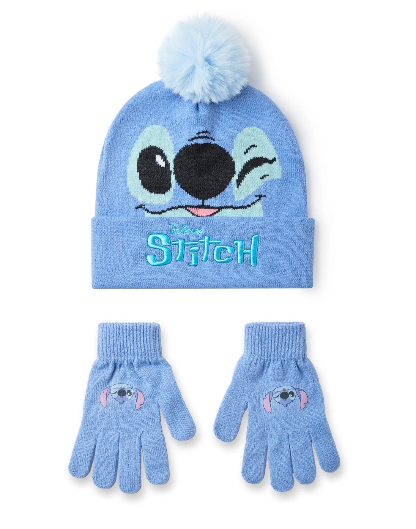Disney Lilo & Stitch Girls Beanie Hat & Gloves Set | Blue Knitted Winter Hat with Stitch Character Face | Kids One Size Pom Pom Beanie with Heat Transfer Print Gloves | Classic Movie Merchandise Gift