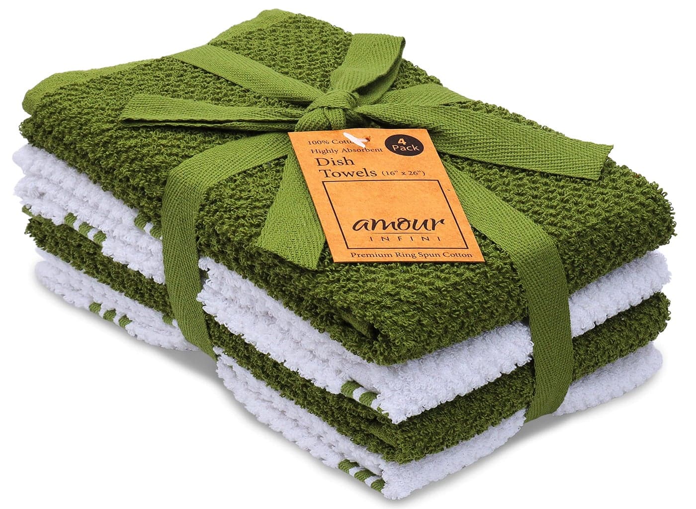 AMOUR INFINI Kitchen Towels Pack of 4 Absorbent Quick Drying Premium Cotton Tea Towel Kitchen Linens 16x28 Inch Dish Towels with Hanging Loop Green