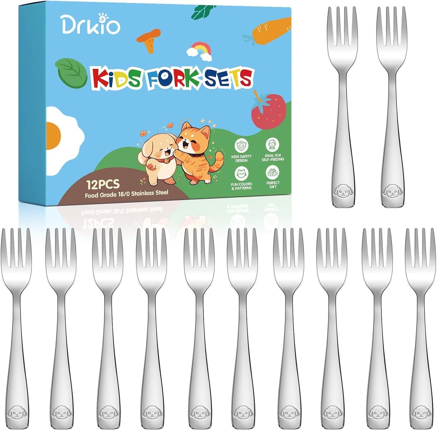 DRKIO Stainless Steel Toddler Forks Set 12 Pieces Kids Forks Set Children Safe Food Grade Kids Silverware Small Forks Metal Toddler Utensils Dishwasher Safe Mirror Polished