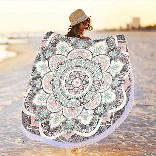 Mandala Round Boho Beach Towel Blanket, Oversized Microfiber Hippie Bohemian Absorbent Fast Dry Sand Free Circle Swim Pool Yoga Towel Table Cloth, Soft 59 inch Mediation Mat Wall Decor with Tassels