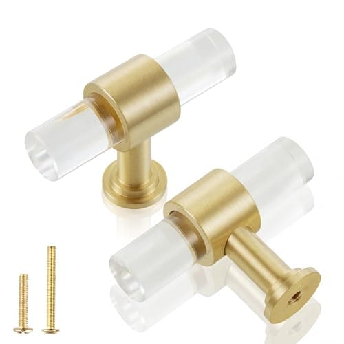 QOGRISUN 10-Pack Acrylic Cabinet Knobs with Brass Base,Gold Modern Drawer Euro Style T Bar Handles, Kitchen Dresser Drawer Clear Glass Crystal Pulls,2-inch Total Length