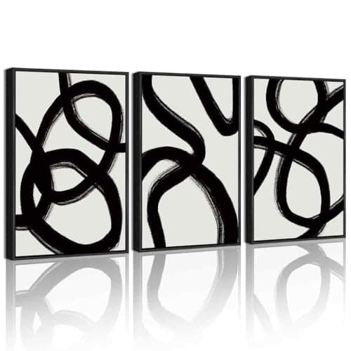 KUVIOKE Black and Grey Abstract Framed Wall Art Ink Wash Minimalist Lines Painting Artwork for Bedroom Hallway 12x16in Black Framed