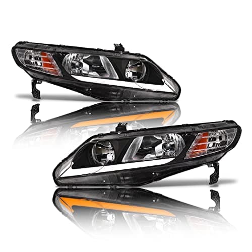 Alpha Owls 8712306 Crystal Headlights With Switchback Sequential LED Light Bar & Startup Light - Black Amber Fits 2006-2011 Honda Civic 4 Door Sedan