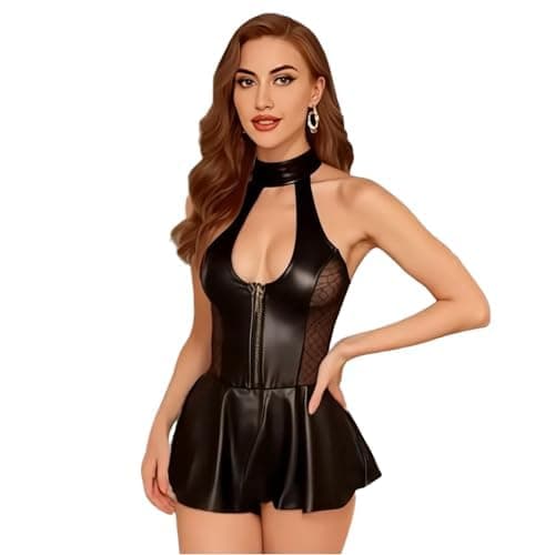SSoShHub Women Leather Lingerie Black Babydoll Round Neck Nightwear Chemise Nightie Bodysuit Lingerie First Night Honeymoon Mini Nightdress Sheer mesh with Panty