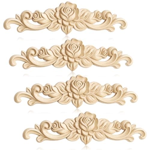 4 Pcs Wood Carved Long Onlay Applique Unpainted Wood Appliques Corner Carving Decals for Furniture Wall Door Cabinet Mirror Closet Wardrobe 20 x 5 cm787 x 197
