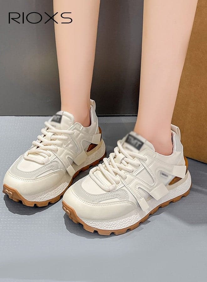 Fashionable Women's Shoe, 4cm Chunky Platform Sneakers, Classic Lace-up Low-top Sneaker for Women, Casual Sport Shoes for Female, Ladies Comfort Road-Running Sneakers, Lightweight Walking Trainers, Anti-slip Athlesiure Shoes, Breathable Trainers for Business Work School Shopping Meeting Travel and