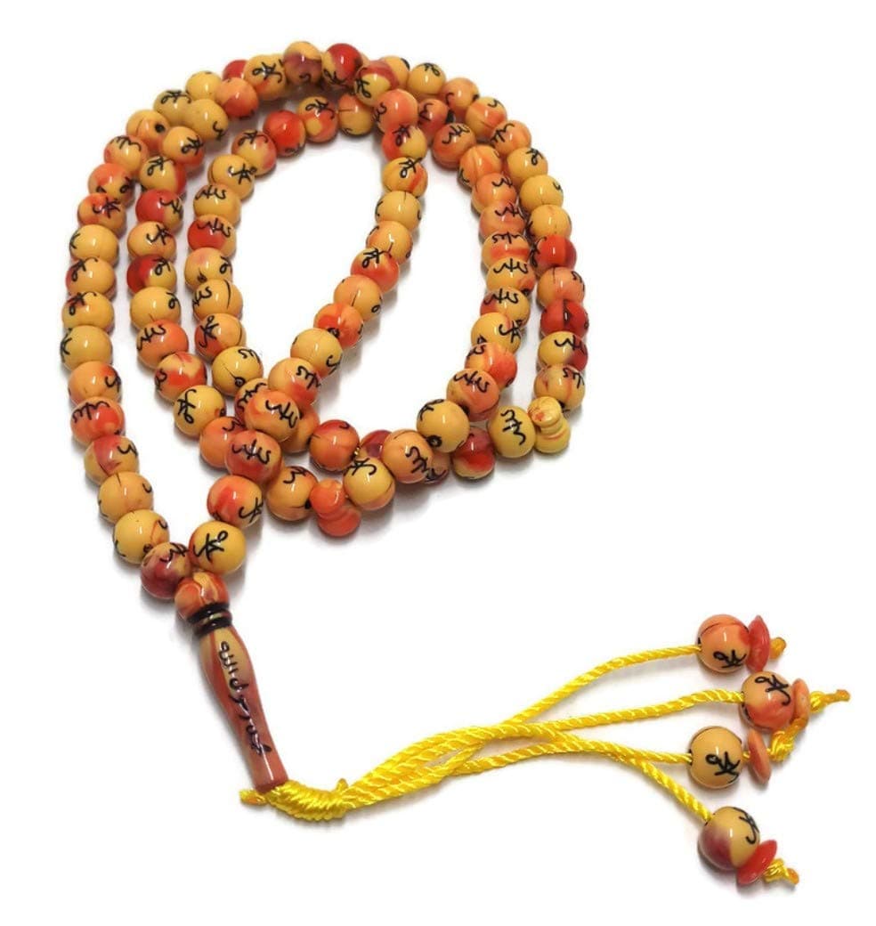 Muslim Tasbih 99 Rosay Beads AMN184 Islam Prayer dhikr Misbaha with Allah Muhammad Names Engraved on Islamic Religion Eid Ramadan Gift Orange
