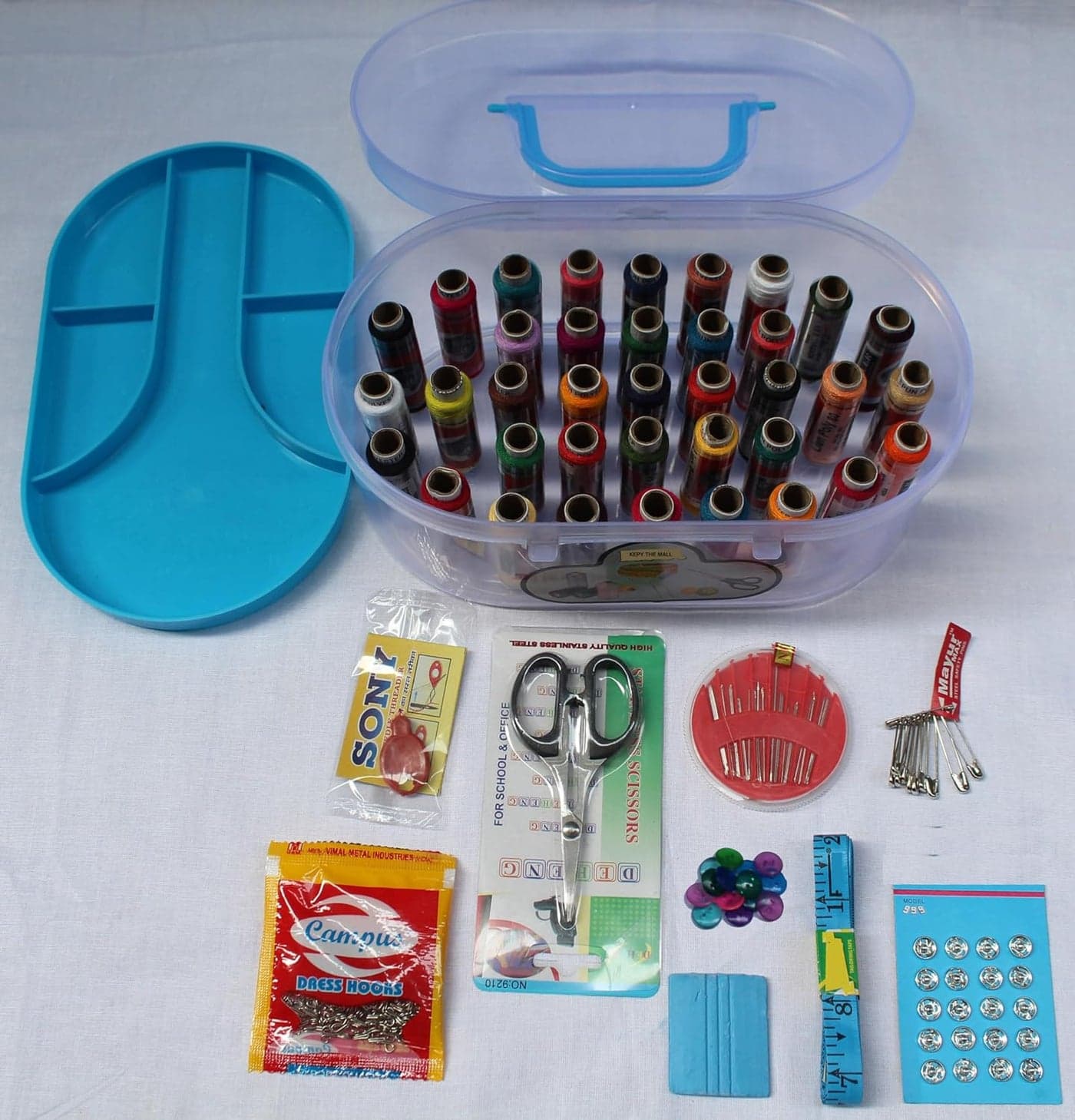 SHLOKA Decor Portable Big Size 37 Thread Box Sewing kit 37 Reels Scissor Threader 70 Dress Hook Chowk Sefty Pin Opener Seam Ripper 24 Needles Set Tape Measure for DIY Beginners Emergency Travel Home