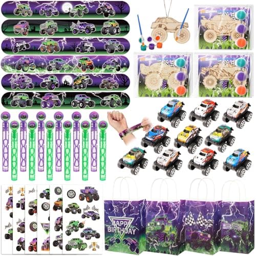 Vanblue 84 Pcs Monster Truck Party Favors Green Purple Truck Car Birthday Decorations Supplies Goodie Bag Stuffers Gift for Boy Party Pinata Filler Classroom Rewards