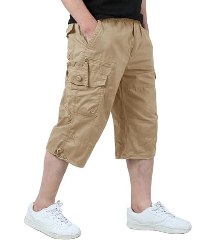 EKLENTSON Mens Cargo Shorts Relaxed Fit Outdoor Summer Shorts for Men Cotton Work Capri Shorts Baggy Khaki Shorts Men, Khaki, 36