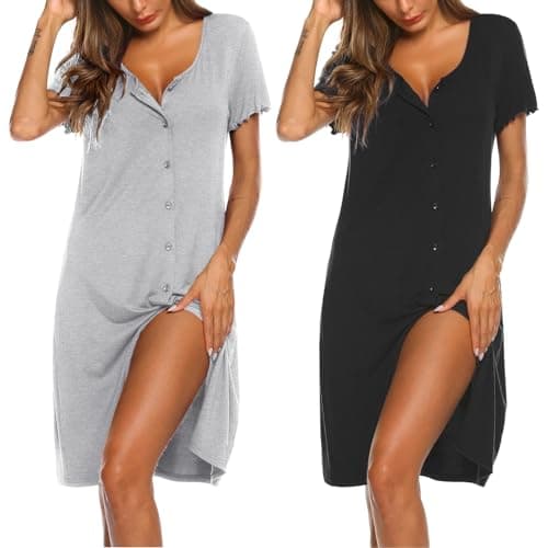 Ekouaer Nightgowns for Women 2 Pack Button Down Sleepshirt Short Sleeve Nightshirt Soft Sleepwear V Neck Pajama Dress Black, Light Grey