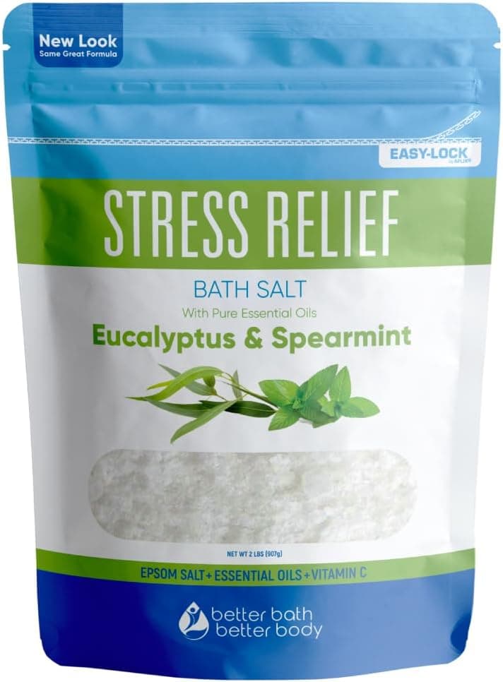 Stress Relief Bath Salt 32 Ounces 2 Lbs USP Grade Epsom Salt with Natural Spearmint and Eucalyptus Essential Oils Plus Vitamin C in BPA Free Pouch with Easy Press Lock Seal Made in USA