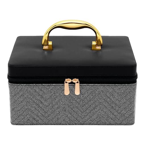 Hard Craft Large Capacity Cosmetic Bags for Womens Girls Bride Multi Functional Beauty Case Wedding Makeup Jewelery Bridal Box Leather Storage Organizer Bag for Home Travel with Mirror (Royal Black)