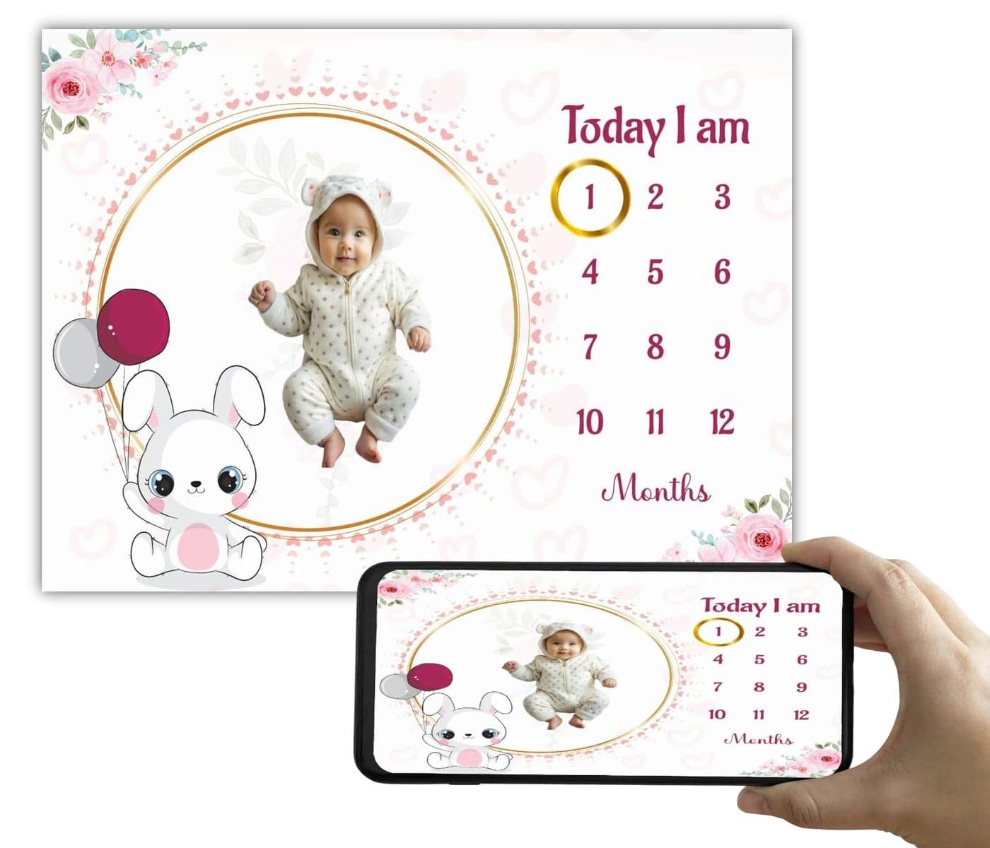 Hoolloomooloo Baby Monthly Milestone Blanket 112 Months Soft AllSeason AC Blanket Ideal for Newborn Boys Girls Perfect Growth Tracker Photoshoot Prop with Bunny Balloon 120x90 cm